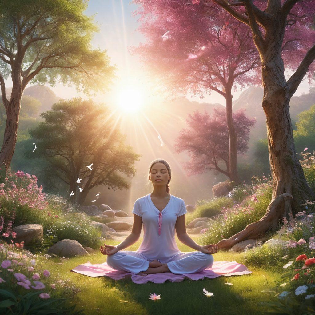 A serene landscape depicting a person meditating in nature, surrounded by symbols of holistic healing like herbs, crystals, and sunlight filtering through trees. Include imagery of a ribbon representing cancer awareness gently flowing in the breeze, alongside blooming flowers symbolizing hope and recovery. The scene conveys tranquility, strength, and the journey towards health. super-realistic. vibrant colors. peaceful atmosphere.