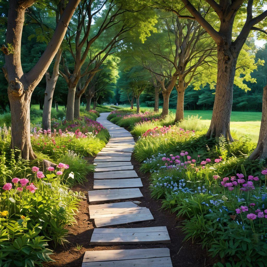 A serene landscape with a winding pathway leading through a lush, green forest filled with vibrant flowers symbolizing hope and healing. Alongside the pathway, scattered resources such as pamphlets and books on cancer awareness, wellness, and support. Gentle sunlight filtering through the tree leaves creates a warm and inviting atmosphere. Overall, the image exudes a sense of peace and optimism. super-realistic. vibrant colors. natural setting.