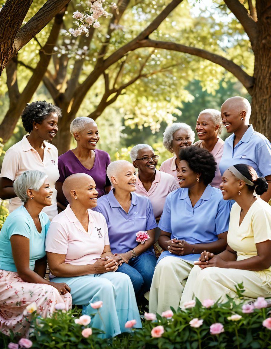 A diverse group of cancer survivors sharing stories in a serene outdoor setting, surrounded by blooming flowers and supportive friends. The scene captures warmth, hope, and camaraderie, with soft sunlight filtering through the trees. Incorporate symbols of resilience like ribbons or butterflies. super-realistic. vibrant colors. soft focus.